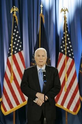 Republican presidential candidate, Sen. John McCain (R-Ariz.) speaks to reporters during a news conference at Villanova University.