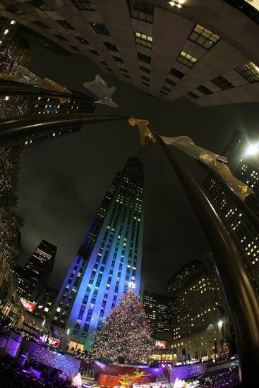 A bug's-eye-view of the 2010 Christmas tree lighting ceremony at Rockefeller Center.