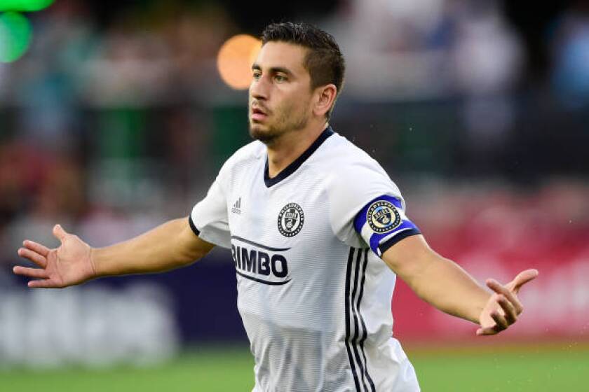 WASHINGTON, DC - AUGUST 04: Alejandro Bedoya #11 of Philadelphia Union celebrates after scoring a goal in the first half against the D.C. United at Audi Field on August 4, 2019 in Washington, DC. (Photo by Patrick McDermott/Getty Images)