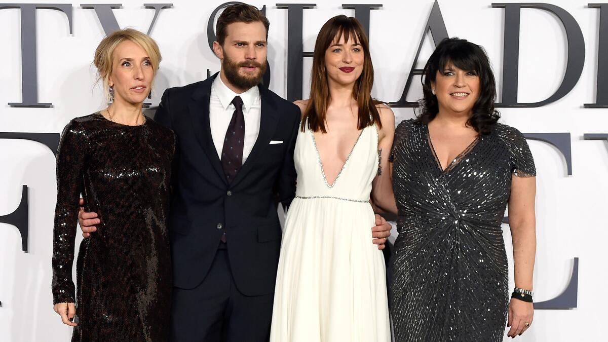 Attending the "Fifty Shades of Grey" premiere in England on Feb. 12 are director Sam Taylor-Johnson, stars Jamie Dornan and Dakota Johnson, and author E.L. James.