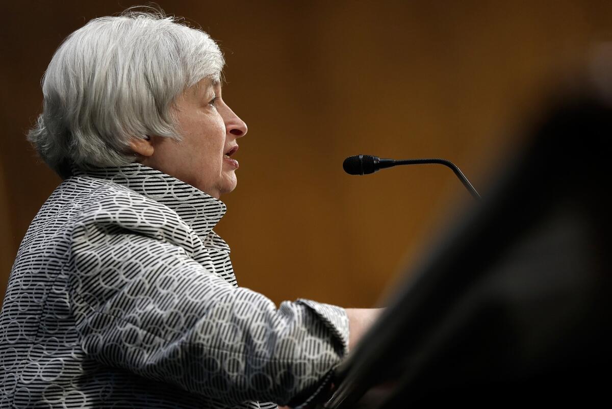 Fed Chair Janet Yellen testifies before the Senate Banking, Housing and Urban Affairs Committee on Tuesday.