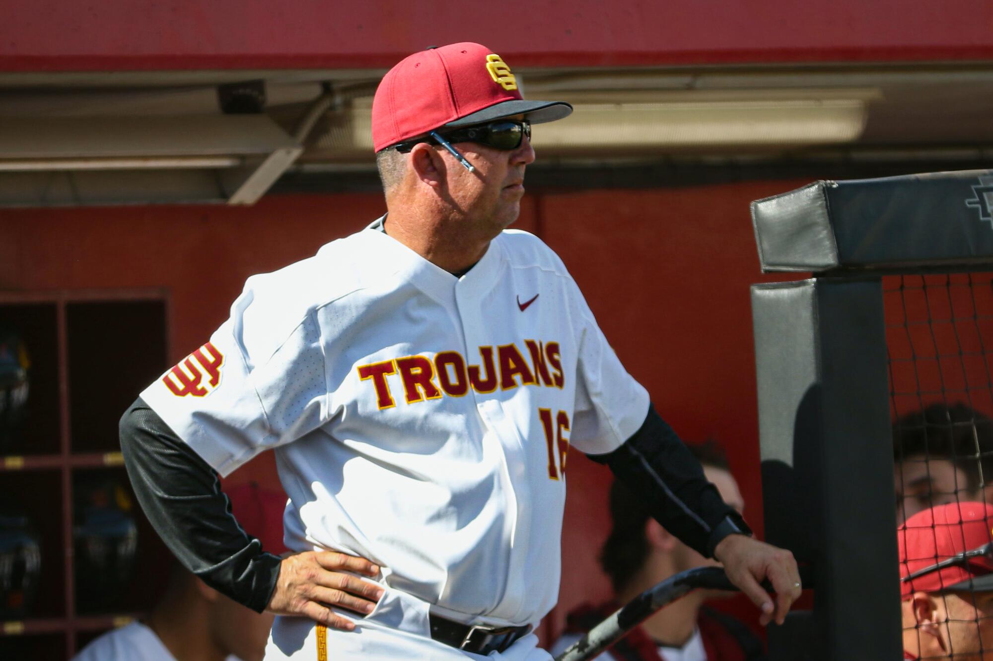 USC baseball coach Jason Gill watches his team during the 2021 season.