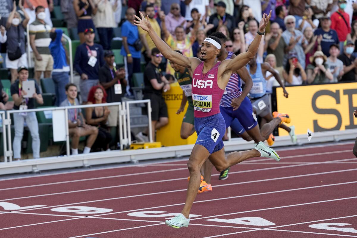 Michael Norman of the U.S. reacts after winning the 400-meter final at the world championships Friday night at Eugene, Ore.