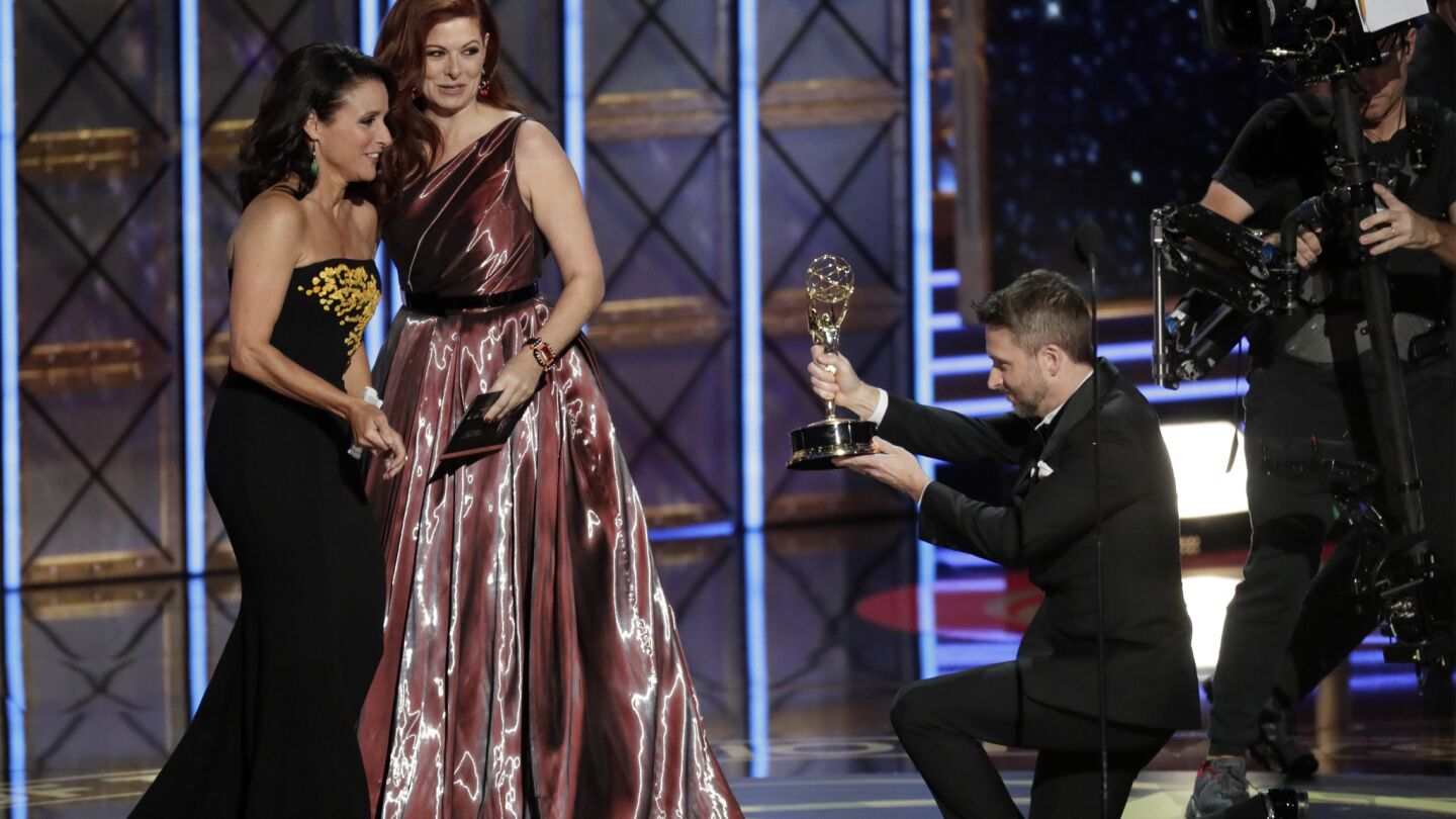 Chris Hardwick presents Julia Louis-Dreyfus her Emmy as she wins lead actress in a comedy series.