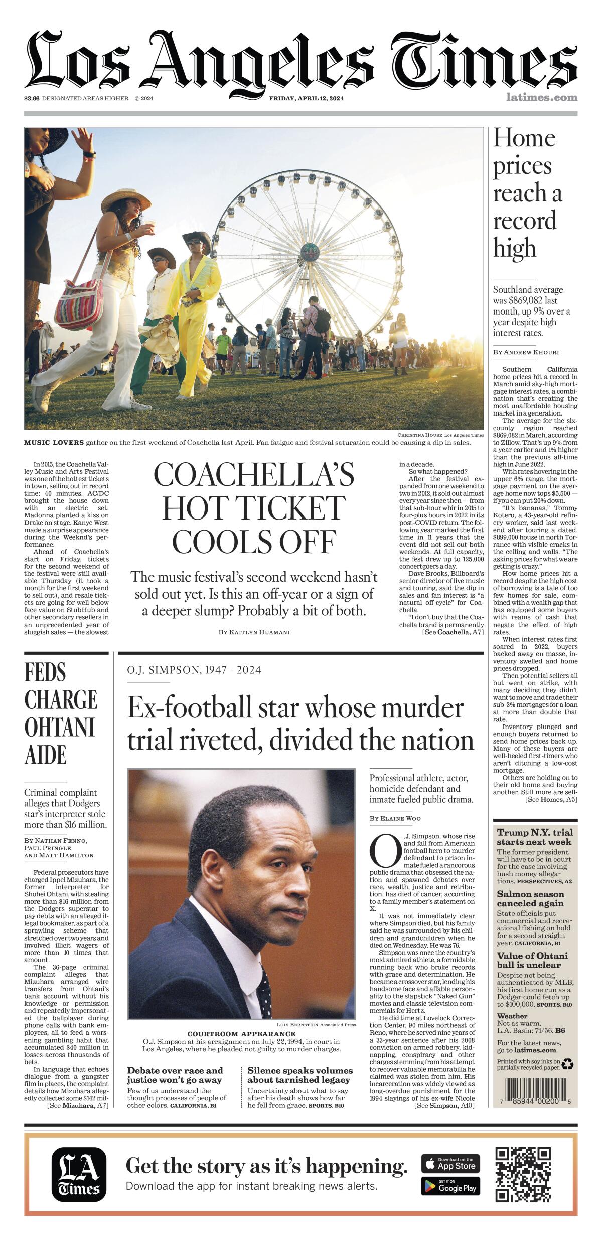Los Angeles Times front page A1 for Friday, April 12, 2024, with OJ Simpson obituary.