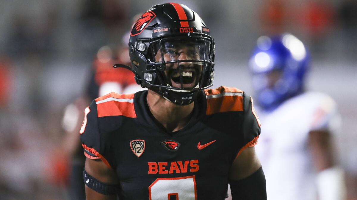 Oregon State defensive back Akili Arnold reacts during a win over Boise State in September.