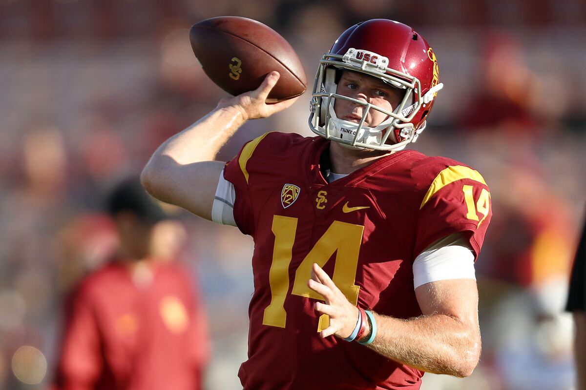 USC quarterback Sam Darnold warms up before a game against Arizona State in October 2016.