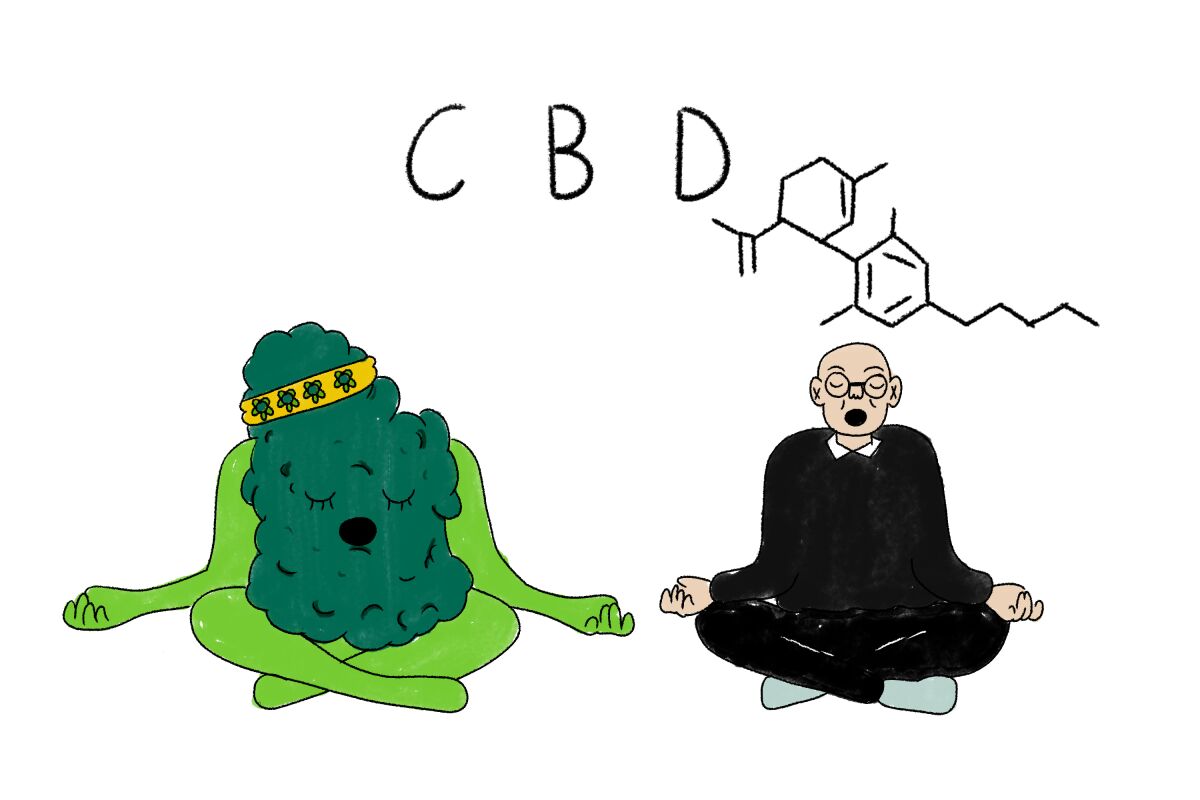 A cartoon cannabis bud meditates