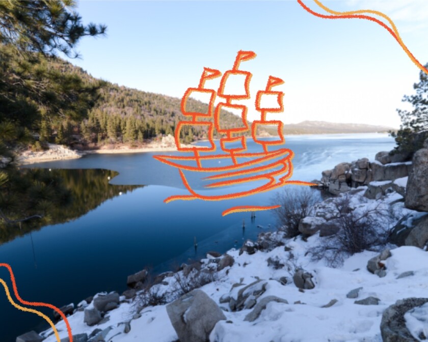 Photo of mountain lake with an illustration of a pirate ship floating on it.