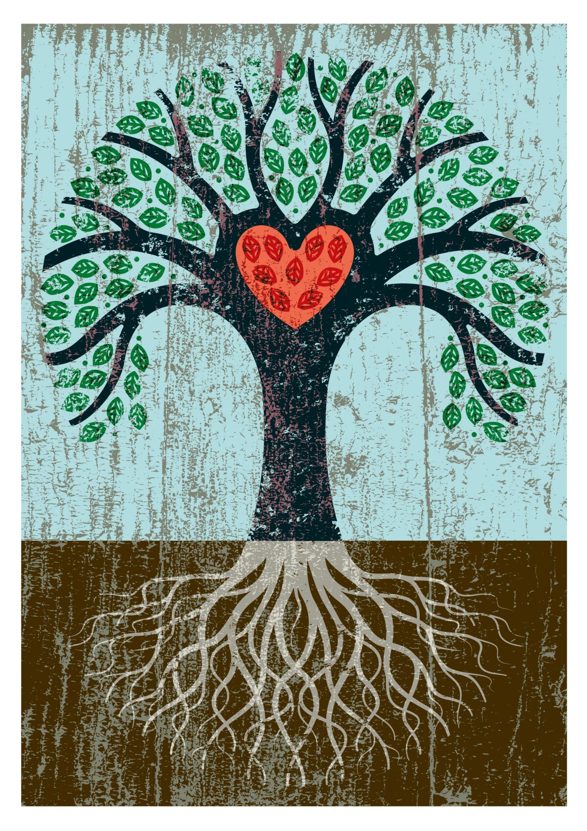 A little heart shaped tree with roots and a grungy texture applied and red heart