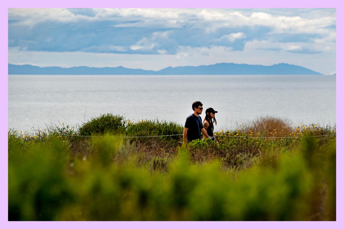 Two people walking with Crystal Cove State Park in the background