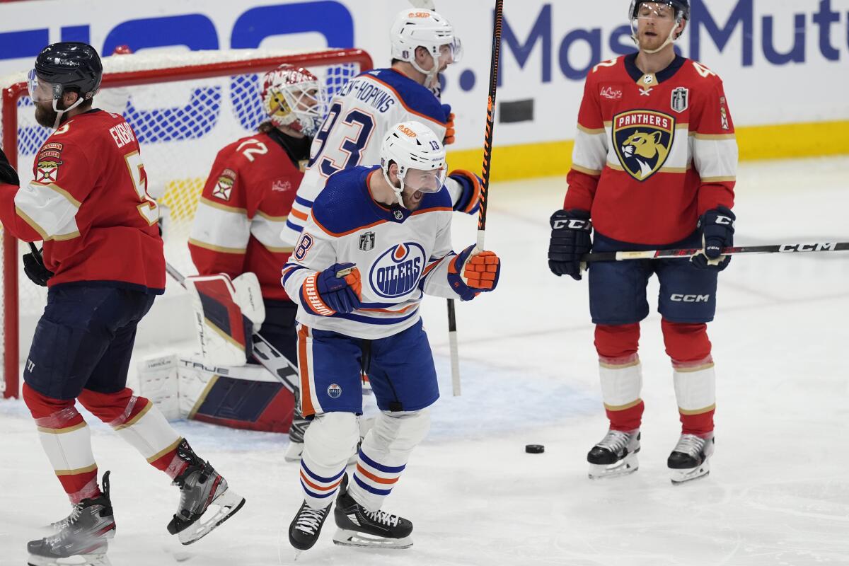 Edmonton left wing Zach Hyman celebrates after scoring a goal in the second period of Game 5.