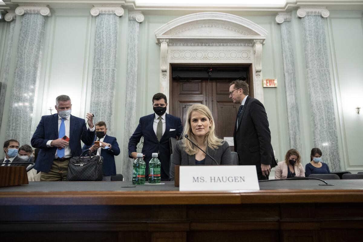 Former Facebook employee and whistleblower Frances Haugen at a Capitol Hill hearing