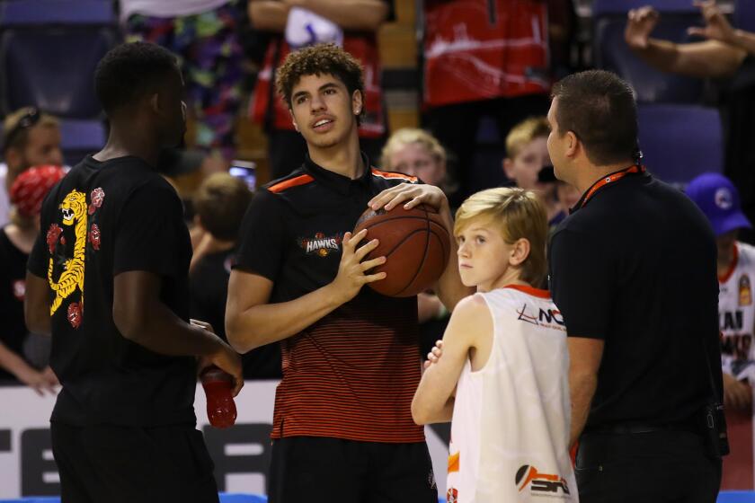 WOLLONGONG, AUSTRALIA - JANUARY 10: Injured Hawks player Lamelo Ball is seen on court after the round 15 NBL match between the Illawarra Hawks and the Perth Wildcats at the WIN Entertainment Centre on January 10, 2020 in Wollongong, Australia. (Photo by Mark Kolbe/Getty Images)