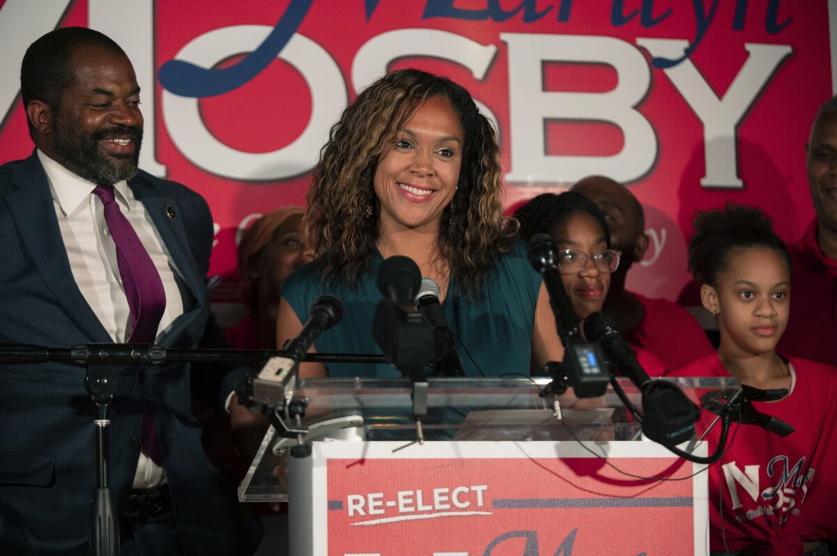 Baltimore State's Attorney Marilyn Mosby speaks before supporters and campaign workers at Melba's Place on primary election night in Baltimore on Tuesday, July 19, 2022. (Vincent Alban/The Baltimore Sun via AP)