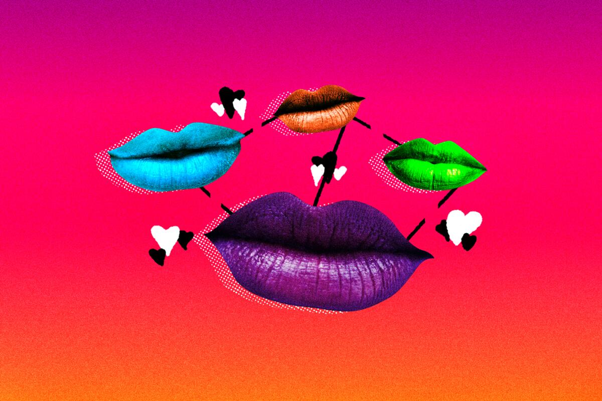 Illustration of colorful lips and hearts.