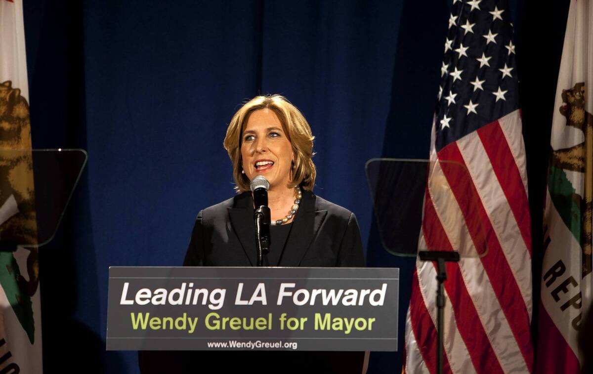 In her speech at UCLA, Los Angeles mayoral hopeful Wendy Greuel said she would “not shy away from telling my friends in labor that the city is going broke and cannot sustain” current retirement benefits.