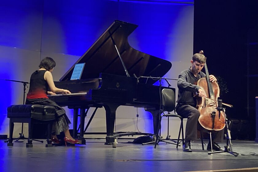 Pianist Natalie Zhu and cellist Clancy Newman perform as part of the Echo Chamber Music Series at Cuyamaca College.