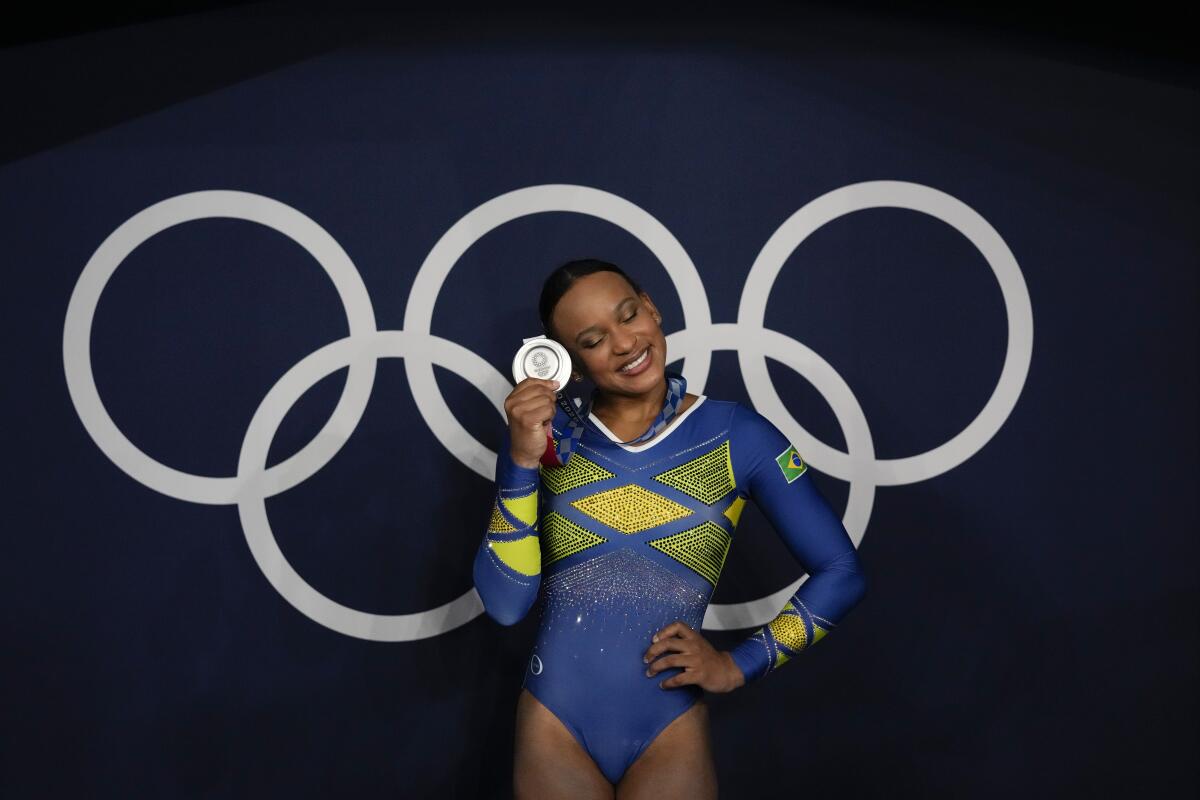 Rebeca Andrade, of Brazil, reacts as she poses for a picture  