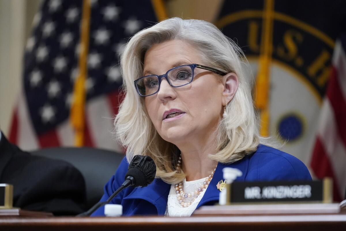 Rep. Liz Cheney speaks at a microphone.