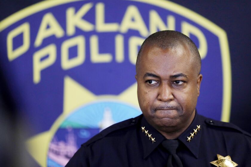 OAKLAND, CALIFORNIA - DECEMBER 27: Oakland Police Chief LeRonne Armstrong takes questions from the media during a press conference at police headquarters in downtown Oakland, Calif., on Monday, Dec. 27, 2021. The chief addressed multiple incidents of violence over the Christmas holiday weekend, including a homicide, an officer-involved shooting, armed carjackings and other shootings. (Jane Tyska/Digital First Media/East Bay Times via Getty Images)