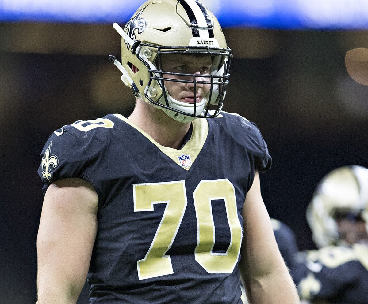 New Orleans Saints defensive lineman Mitchell Loewen lines up during a preseason game against the Baltimore Ravens on Aug. 31.