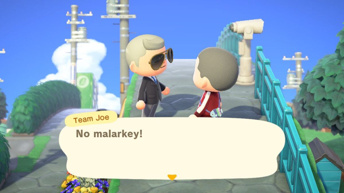 Joe Biden as a character in dark suit and sunglasses, saying "No malarkey" in "Animal Crossing."