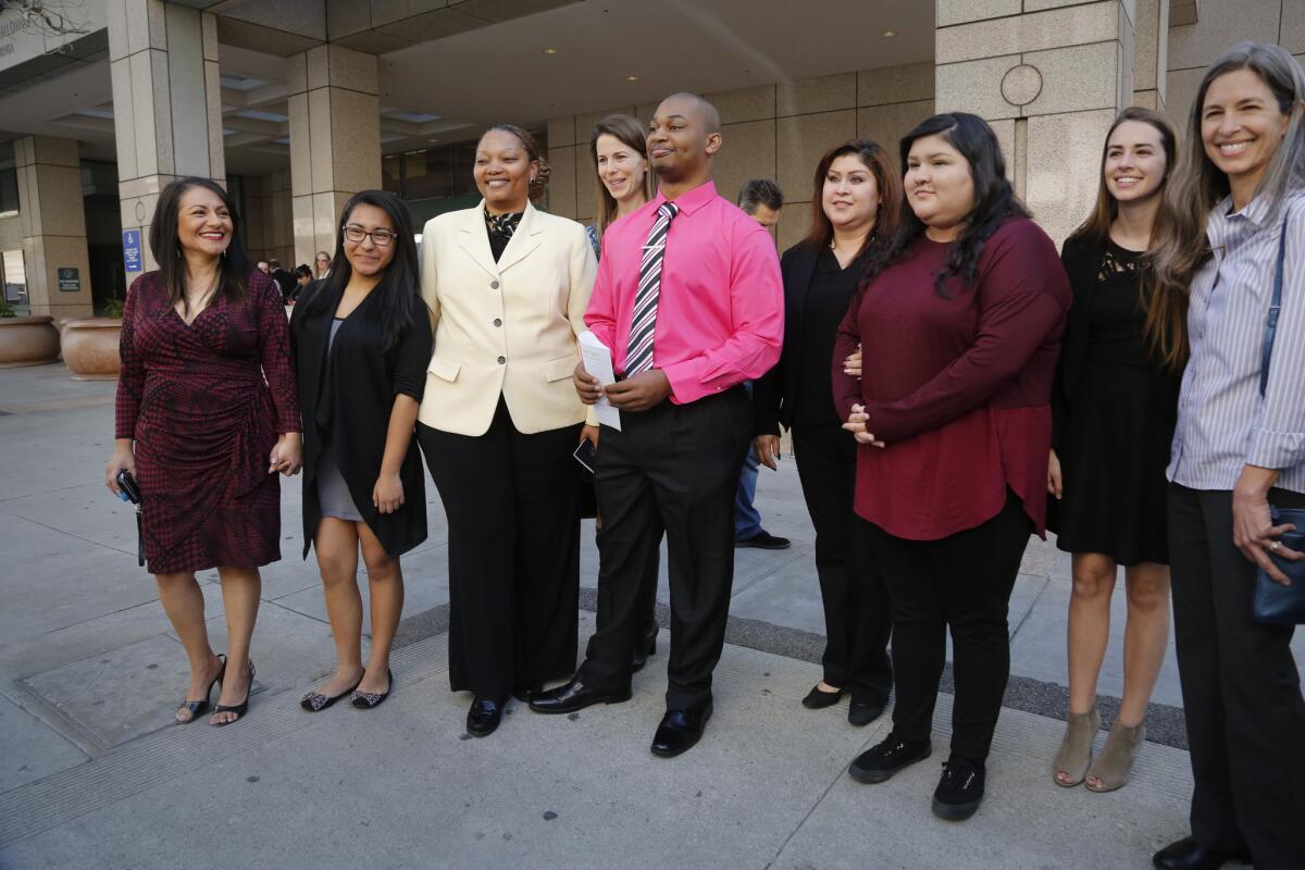 Most of the nine student plaintiffs in the Vergara v. State of California walk away from the 2nd District California Court of Appeal in Los Angeles after the first morning of oral arguments in the appeal of the teacher tenure lawsuit on February 25, 2016. The plaintiffs lost the appeal, but they're now asking the California Supreme Court to hear their case.