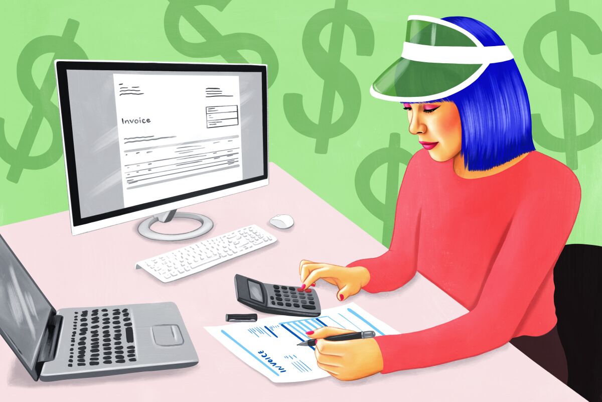 Illustration of a production accountant wearing a green eyeshade and working with a laptop, computer and calculator