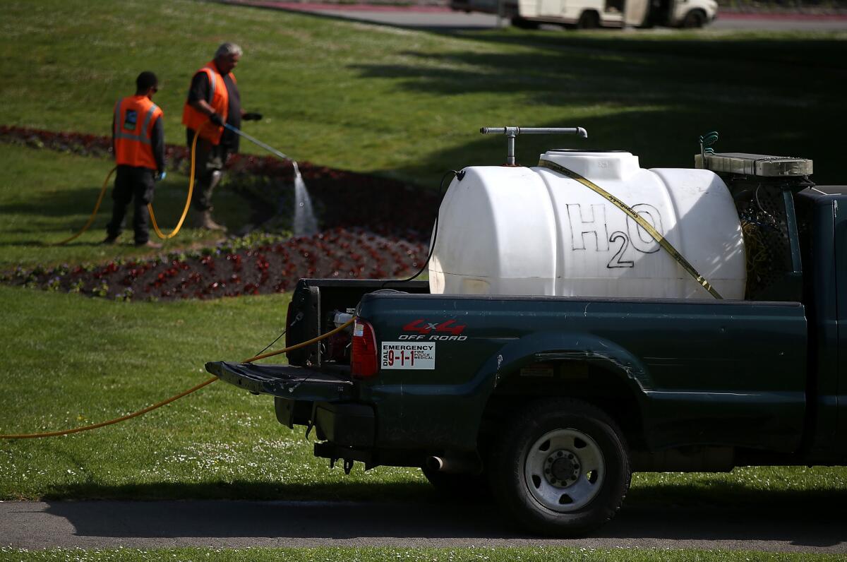 San Francisco Recreation and Park workers use recycled water to water plants at Golden Gate Park on May 6.