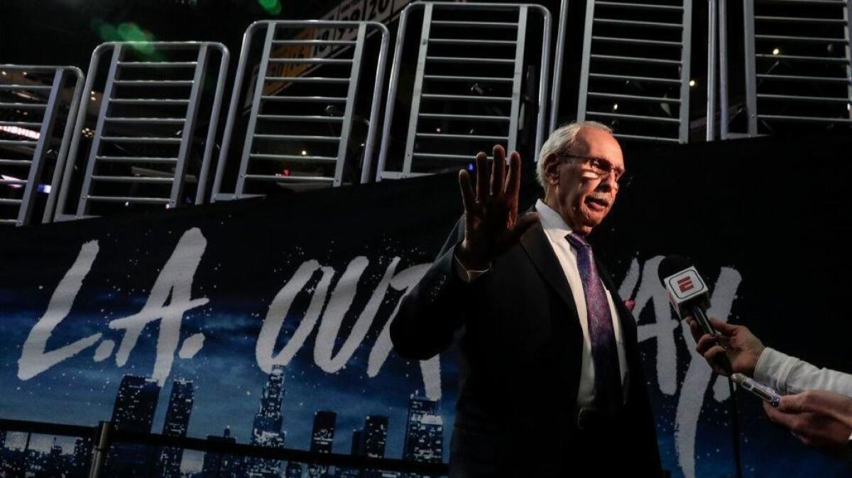 Ralph Lawler is interviewed before a Clippers game on April 10, 2019.