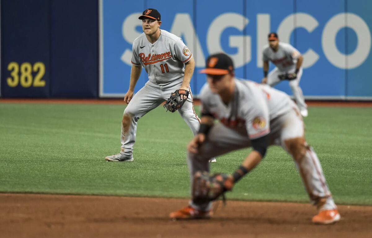 Baltimore Orioles infielder Pat Valaika sets for a defensive shift during a game against the Tampa Bay Rays.