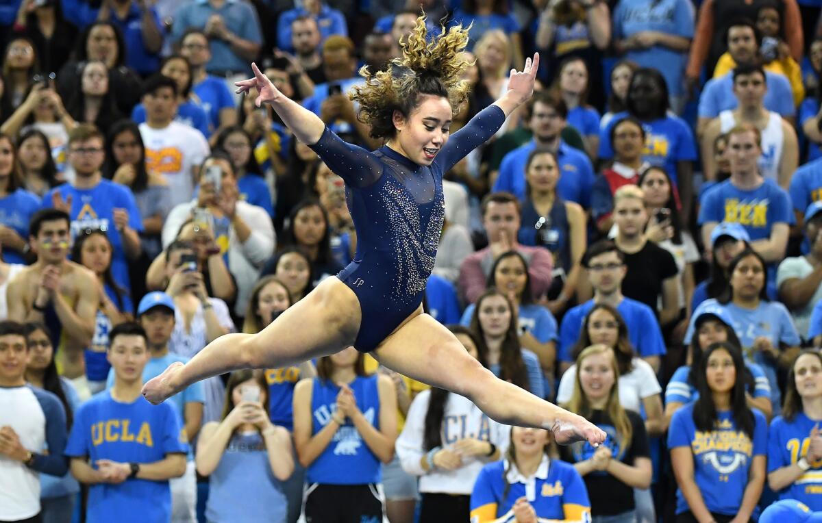 UCLA gymnast Katelyn Ohashi gets a perfect score on the floor exercise at a March collegiate meet.