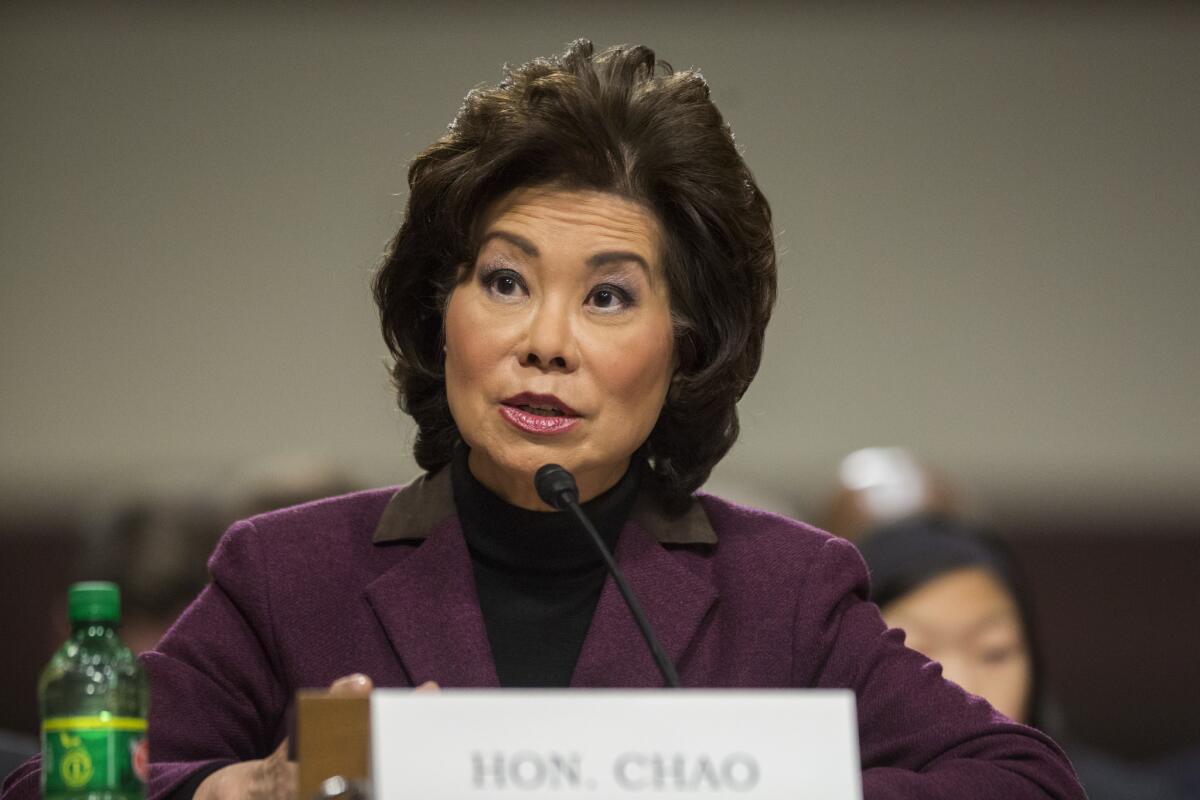 Elaine Chao testifies on Capitol Hill in Washington at her confirmation hearing before the Senate Commerce, Science, and Transportation Committee on Jan. 11, 2017.