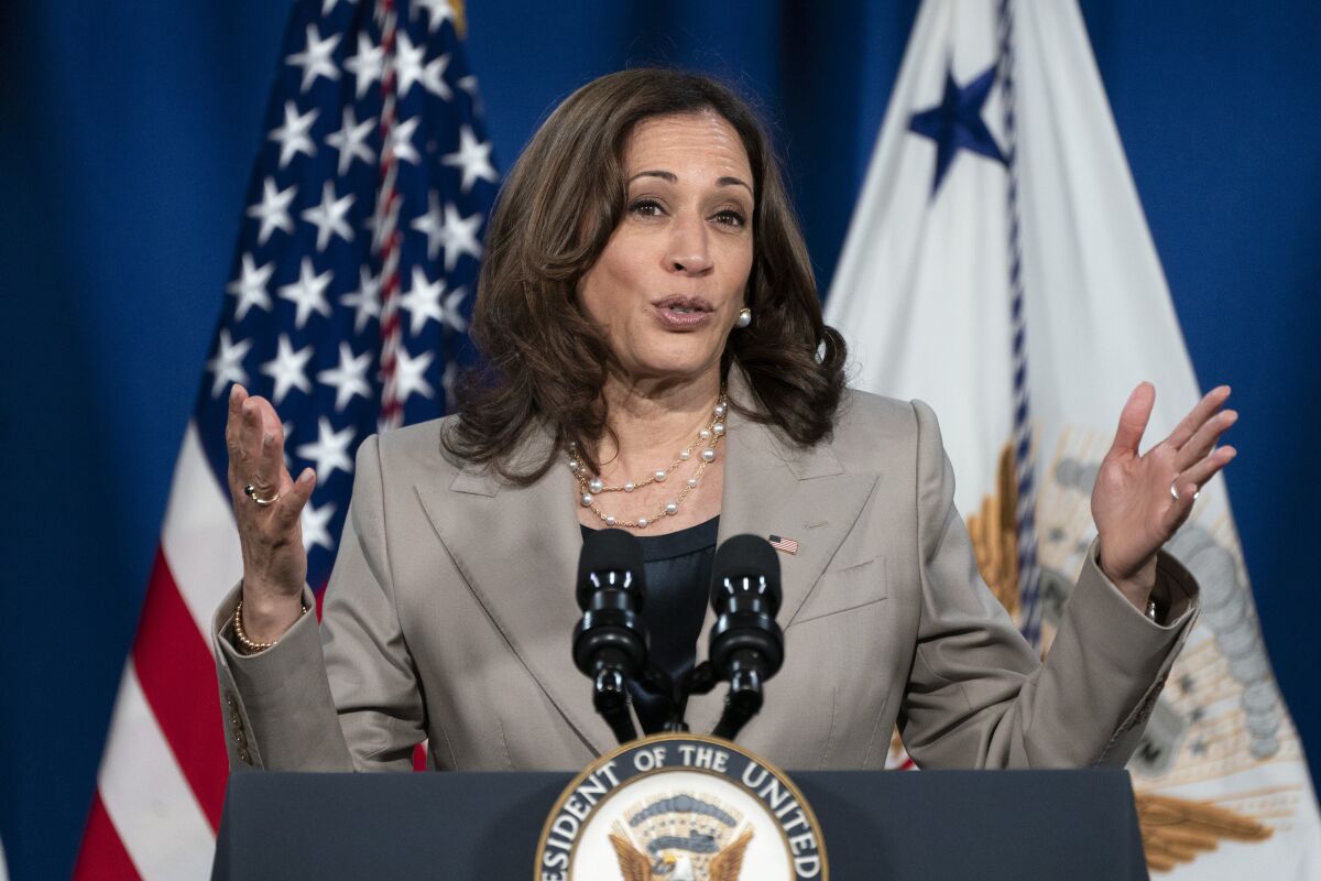 FILE - Vice President Kamala Harris speaks at the Department of Education in Washington on Thursday, June 2, 2022. Democratic party officials announced Monday, June 6, 2022, that Harris would be the keynote speaker at a fundraising dinner for Democrats that plays a key role in the presidential nominating process that is planned for Friday, June 10, 2022, in Columbia, S.C. (AP Photo/Jacquelyn Martin, File)