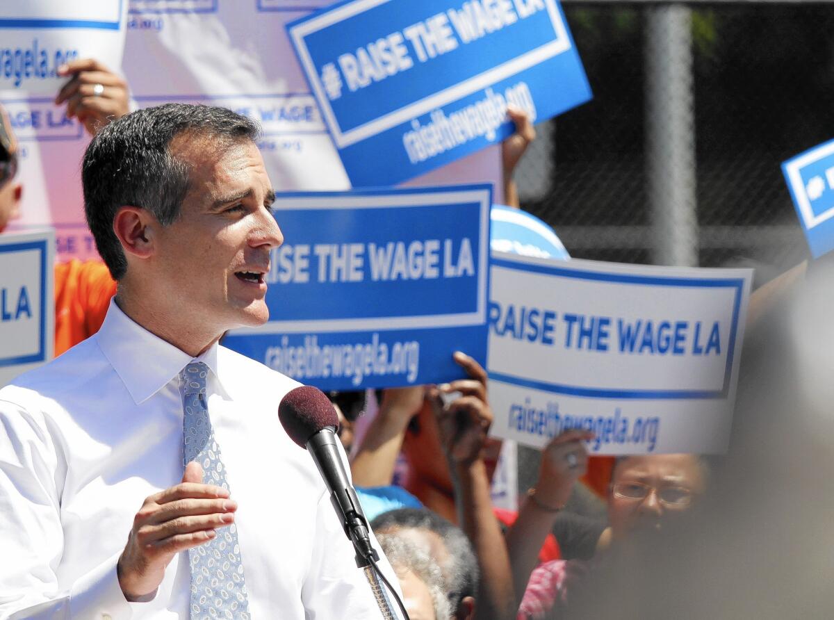 Mayor Eric Garcetti announces his plan to raise the minimum wage in Los Angeles.