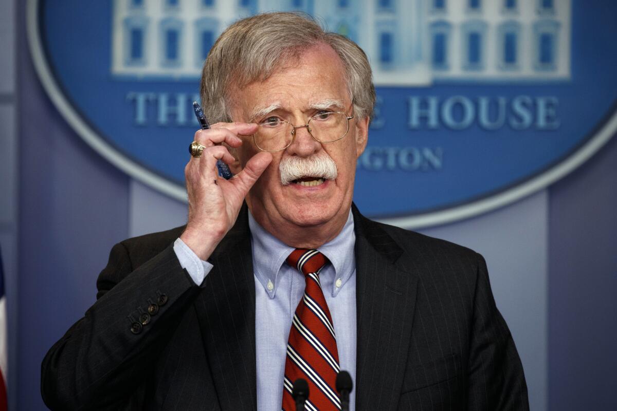 National security advisor John Bolton speaks at the daily press briefing at the White House on Thursday.