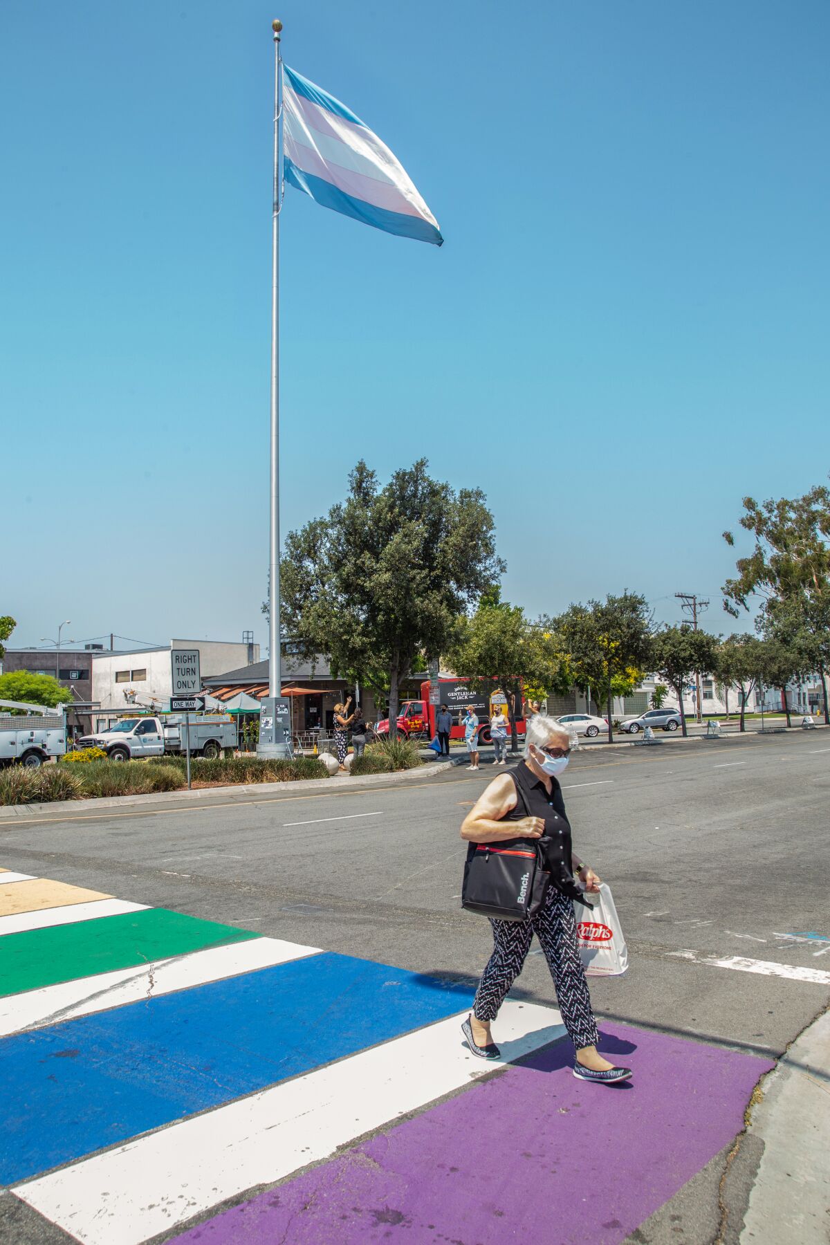 Community members raised a transgender flag in Pride Plaza Wednesday.