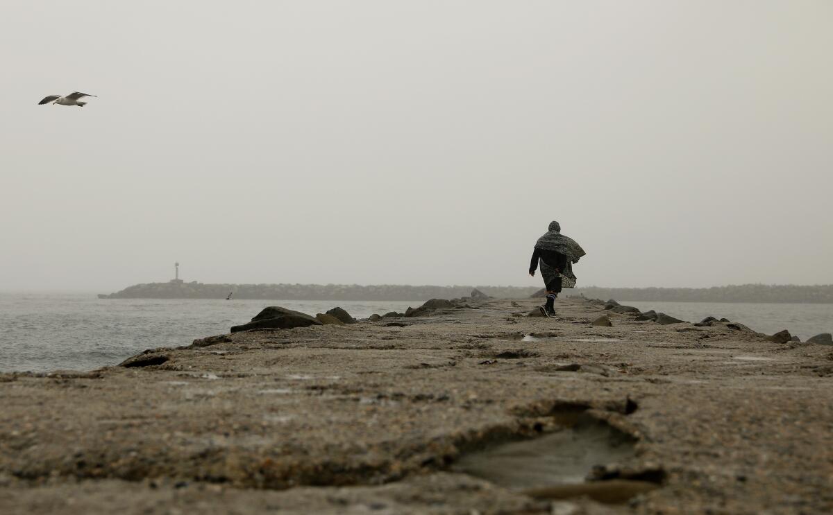 A man walks out along a jetty against a misty, stormy sky