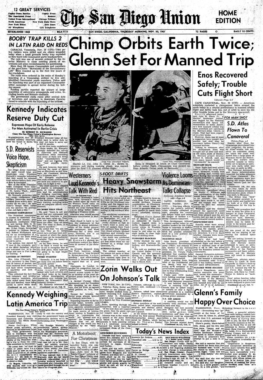 The front page of The San Diego Union, Thursday, Nov. 30, 1961.