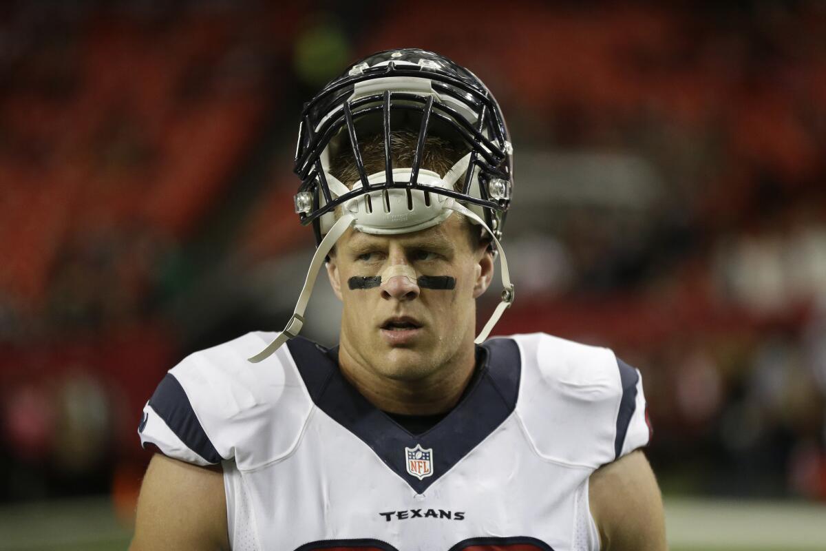 Texans defensive lineman J.J. Watt warms up before a game against the Falcons in Atlanta on Sunday.