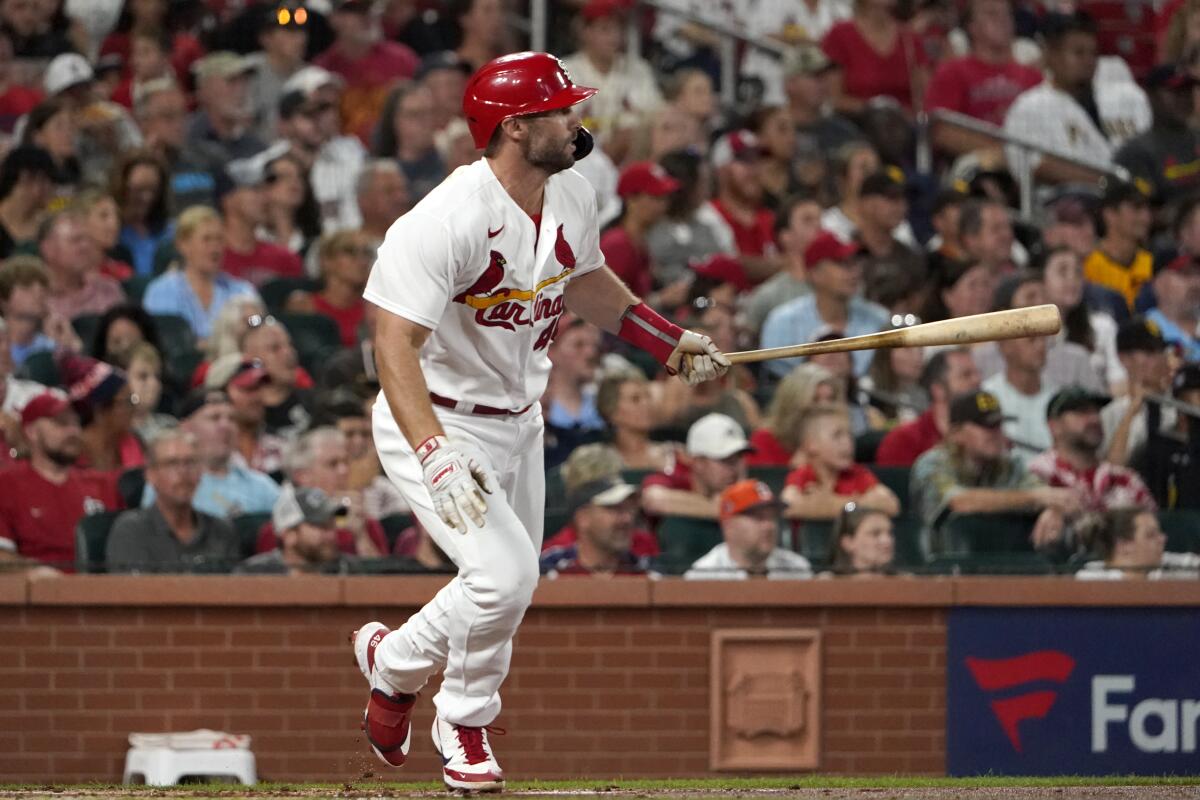 St. Louis Cardinals' Paul Goldschmidt watches his RBI single against the San Diego Padres. 