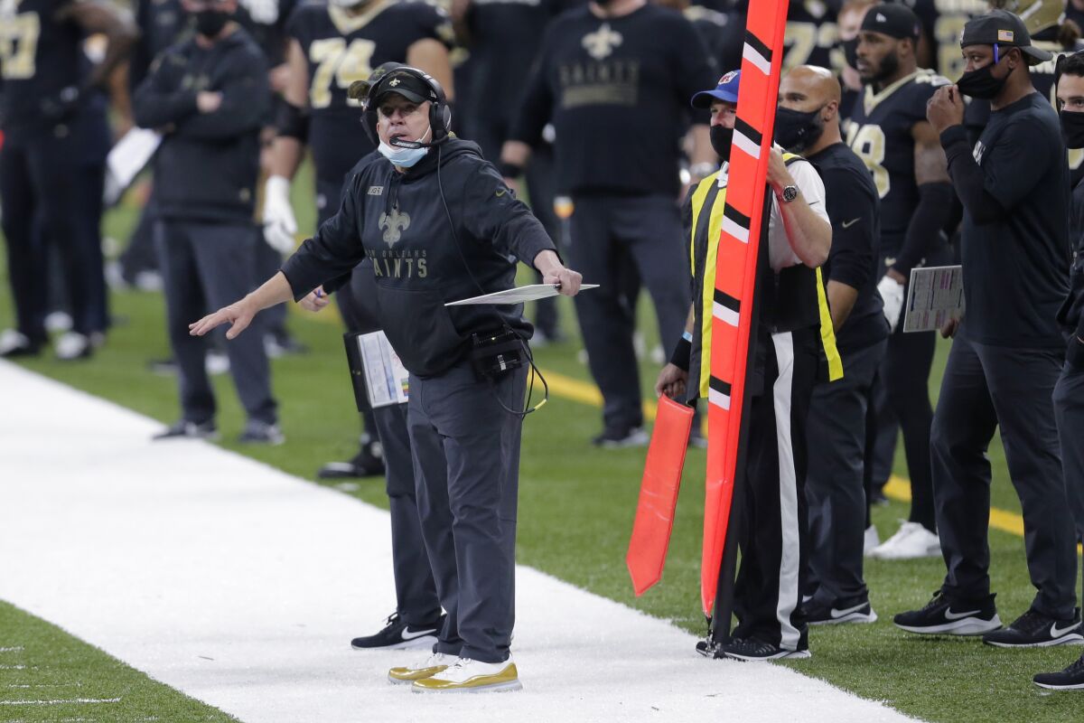 New Orleans Saints head coach Sean Payton reacts on the sideline in the first half against the Atlanta Falcons.
