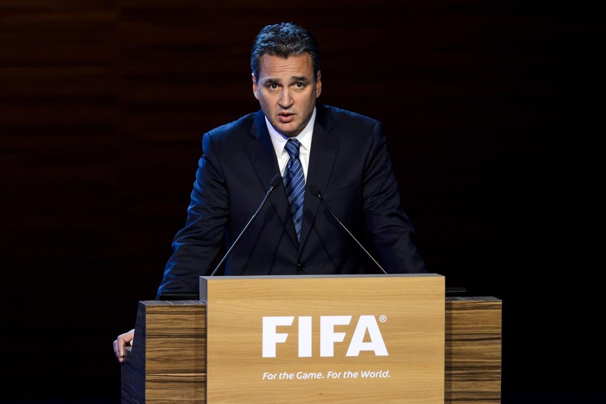 Michael Garcia, chairman of the investigatory chamber of FIFA's Ethics Committee, delivers a speech during the 64th FIFA congress in Sao Paulo in June.
