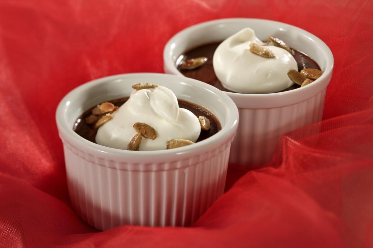 Perfect for Valentine's Day, Mexican chocolate pots de creme, adapted from a dish at Carpe Diem restaurant.