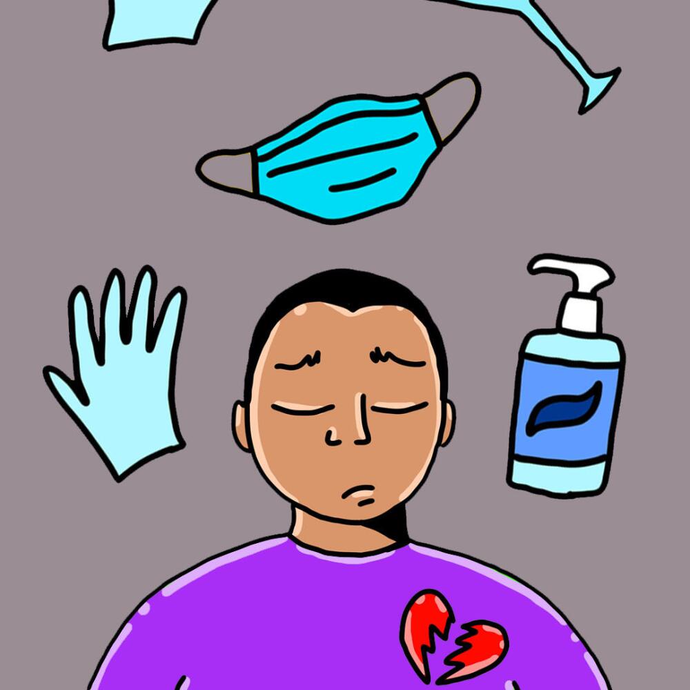 Illustration of the author surrounded by objects like gloves, a mask and a martini.