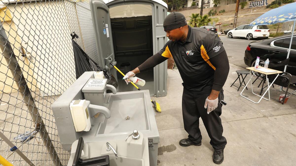 Deandre Fradiue works as an ambassador and attendant for Pit Stop, which manages portable toilets for use by homeless people.