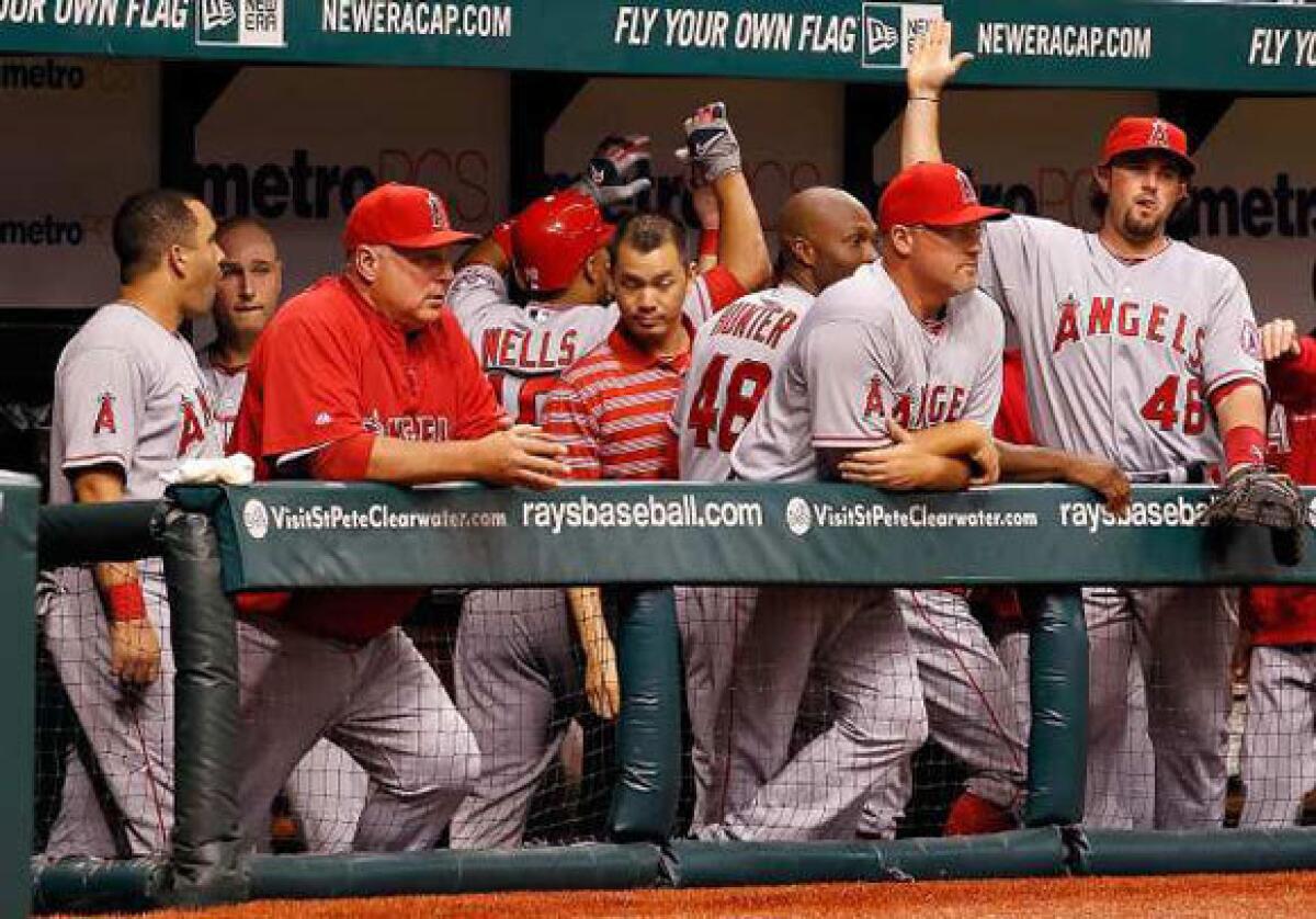 Angels players and coaches in the dugout during Wednesday's game against Tampa Bay.