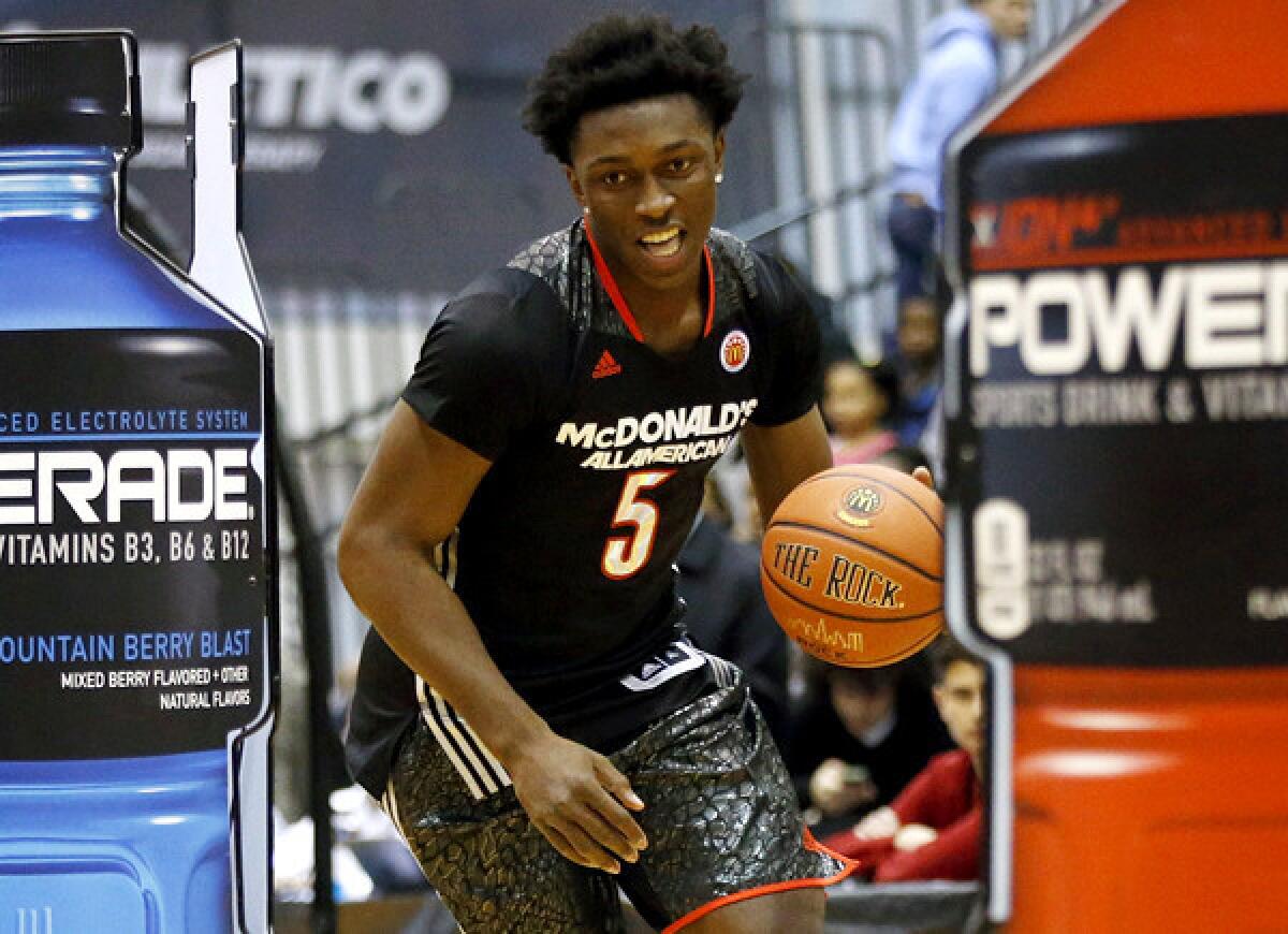 Mater Dei senior Stanley Johnson competes in the skills contest during the McDonald's All-American Jam Fest at the University of Chicago on Monday.