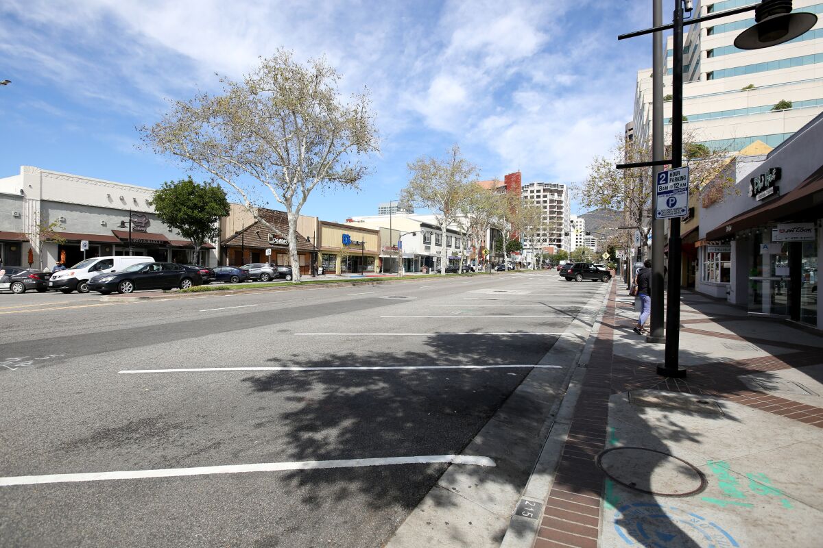 Brand Blvd. in Glendale was empty at noon, when it usually is very busy, due to COVID-19 restrictions on March 18, 2020. 